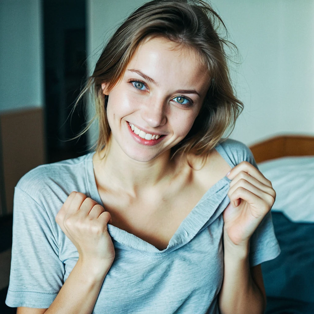 Cinematic Photo of Lustful Russian girl teasing The viewer,sligly opening her shirt with her hands, RAW candid cinema, 16mm, color graded portra 400 film, remarkable color textured skin, remarkable detailed pupils, skin noise, visible skin pores, shot on cinematic camera,full body view ,post on facebook,sexy smiling at The camera,expressive eyes, small chested