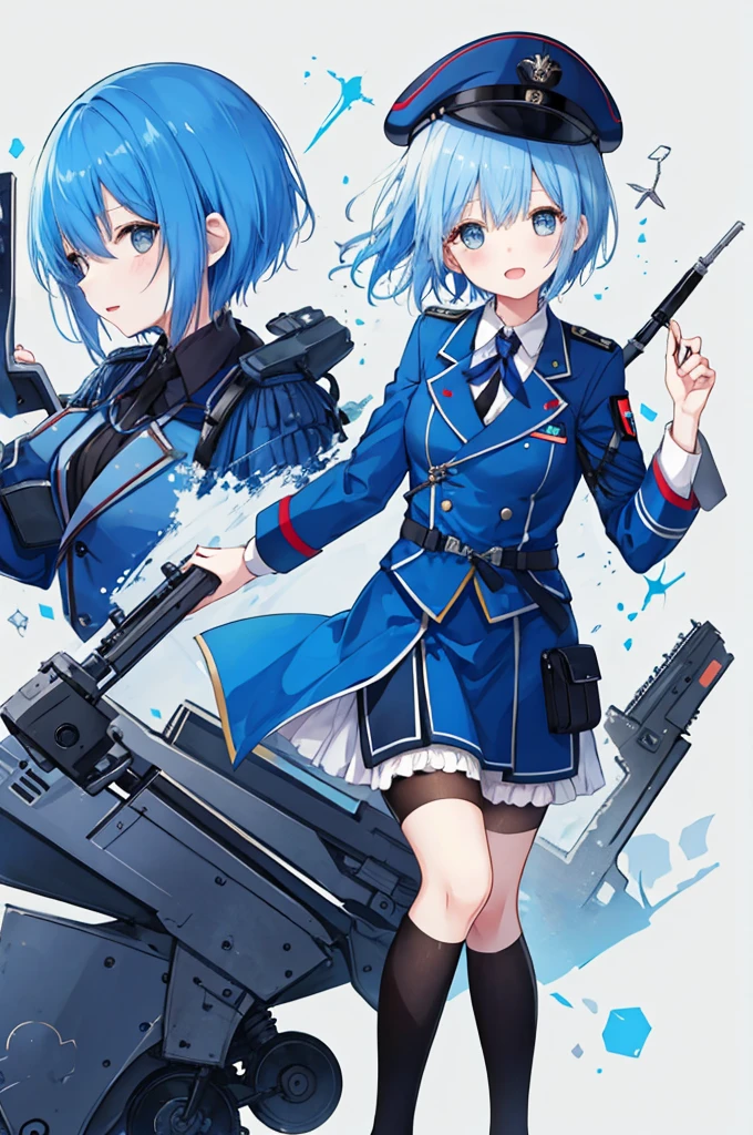 Girl、Blue hair short、German Officer Uniform,