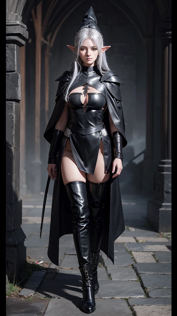 medieval setting, full view of body, 1 female elf mage,beatiful smokey eyes, silver hair, black sexy mage robe with gambeson, wizard hat, black leather pants, leather boots