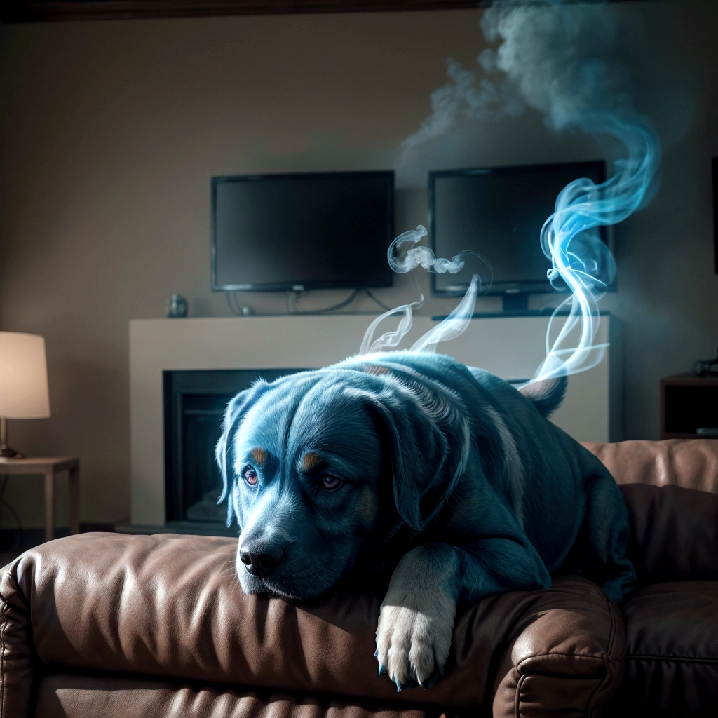 soul of a dog in the shape of bright bluish smoke, sitting on the sofa with a man watching TV in the living room, 8k, full hd, panoramic view, ultra realistic, ultra realistic lighting, ultra detailed, realistic textures,