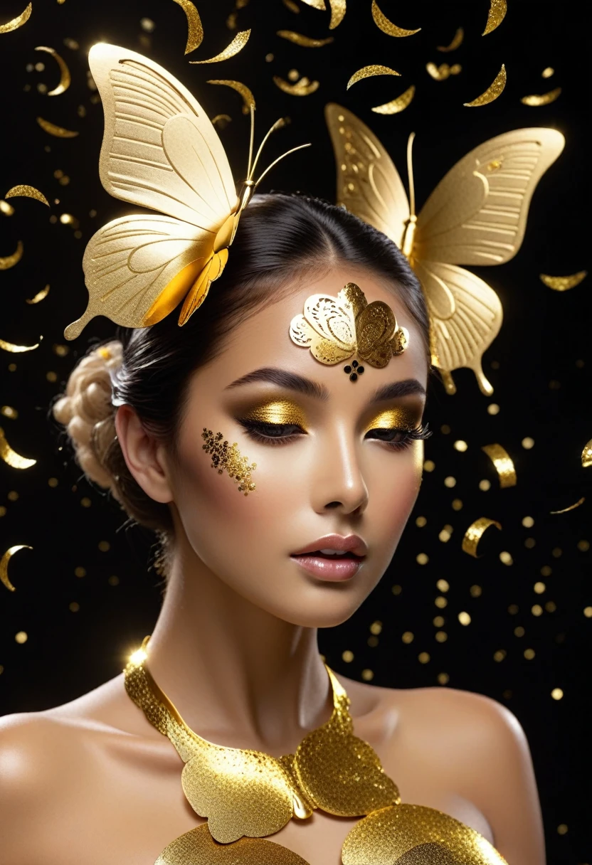 Gold Leaf Art：1.5.Made of platinum，gold mask，statue，Flowing golden sand beach，Still Life Table Setting，Dark background，Woman portrait sculpture，look up，Golden butterfly on cheek，Hollow butterfly wings，Gold Dust，Gold particles modern style, high resolution, artwork，Advanced composite technology，(((Golden confetti falling in the air，Gold foil confetti：1.5)))
