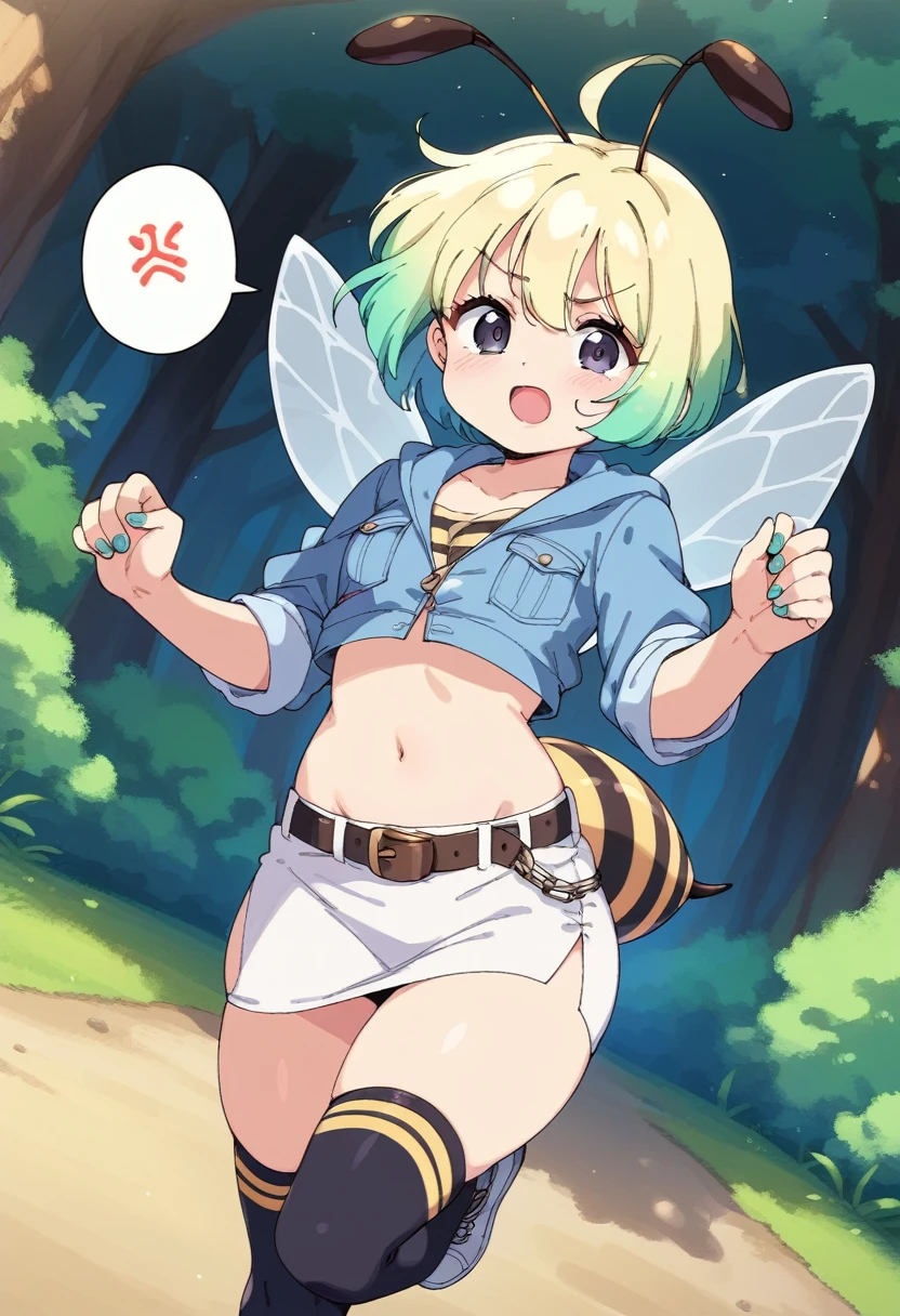 score_9, score_7_up, score_6_up, 1girl, source_cartoon, source_anime,breathtalking Scenery,watercolor,smooth soft skin, natural skin,anime screencap,mjm,rating_questionable,vum,bfg
BREAK
1girl,(solo:1.2),(hornet girl:1.4), bee girl,(little female child:1.3), (loli:1.3),6 yo, kawaii,baby face,small breast, cute face,oily skin,(Phat ass:0.8)
BREAK
(black bob cut:1.4),black lob hair,(yellow gradient hair:1.2),(yellow dip-dye hair:1.1),ahoge,highlight on eyes,(nail_polish:1.1), black eyes,beautiful eyes, detailed eyes, puffy eyes,
BREAK
(bee antennae:1.3), (PVC material Extremely small bee wings:1.1), (bee wings:1.1),symmetry bee wings, anger vein,anguish,(spoken squiggle:1.5),
BREAK
belt buckle,jacket, zip up, (pencil Skirt:1.1),(yellow striped black stockings:1.3),pierce,chain accessory,punk rock, croped shirt
BREAK
isometric,dutch angle,(deep forest,darkness:1.2),(running:1.3),dynamic running,dynamicangle,In a secluded setting, surrounded by a dense forest, the bog lay hidden like a secret gem, its misty surface whispering tales of ancient times,misty,deep forest,