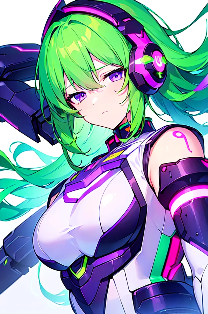 [(WHITE BACKGROUND:1.5),::5], ((((masterpiece)))), high quality, ultra very high resolution, full color, (((solo))), ((Mecha musume)), Mecha girl, ((Green hair)), (Purple eyes), anime, upper body, neon light, cyborg body, (Purple neon effect:1.2)