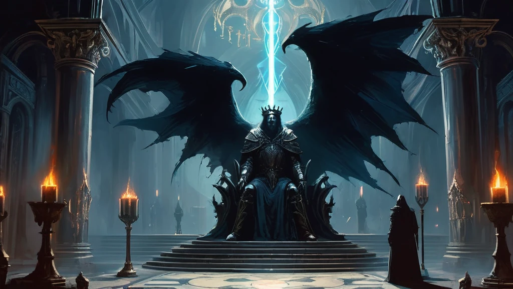 sits King Alaric on the throne. His long, black hair cascades around a crown of obsidian and ruby, a stark contrast to the dark and foreboding atmosphere that pervades his kingdom.

The throne room, dimly lit by flickering torches and the eerie glow of enchanted crystals embedded in the walls, is a place where shadows dance and whispers of forgotten curses linger in every corner. The high, vaulted ceilings are adorned with grim tapestries depicting scenes of legendary battles and eldritch horrors, reminders of the kingdom's blood-soaked history and the ever-present threat of the encroaching darkness.

King Alaric, though youthful in appearance, bears the weight of countless generations on his shoulders. His piercing blue eyes, filled with a weary determination, survey the hall where nobles and advisors murmur amongst themselves, plotting and scheming under the veneer of courtly decorum. The air is thick with tension and unspoken fears, for it is said that the throne itself is bound by an ancient, malevolent spirit that whispers secrets and demands sacrifices.

As Alaric contemplates the fate of his troubled realm, he is visited by a mysterious seer who foretells of an impending cataclysm—a darkness that will rise from the depths of the underworld to consume the land. To save his kingdom, Alaric must navigate a treacherous path of political intrigue, forbidden magic, and ancient prophecies. Allies will prove false, and enemies will strike from the shadows, all while the king grapples with his own inner demons and the cursed legacy of his bloodline.

In this dark medieval fantasy, the throne is not just a seat of power but a symbol of the eternal struggle between light and shadow, hope and despair. Will King Alaric rise to the challenge and lead his people through the coming darkness, or will he succumb to the forces that seek to destroy his kingdom from within?

a knight fight against him with ancient sword