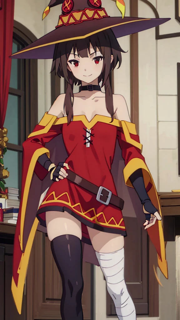 masterpiece, best quality, high resolution, best illustration, super fine illustration, (official art:1.1), (anime screencap:0.9), anime keyvisual, (perfect anatomy:1.1), 8k portrait, (detail focus fingers:1.2), (detailed face), 
1girl,
Megumin \(konosuba\),
short hair with long locks,
brown hair, 
(red eyes:1.2), 
witch hat, black choker, black gloves, fingerless gloves,  
small breasts, 
off-shoulder dress, red dress, brown cape, long sleeves, single thighhigh, asymmetrical legwear, (bandaged leg:1.2), 
smile, 
looking at viewer, 
cowboy shot, 
natural light, background of indoor, 