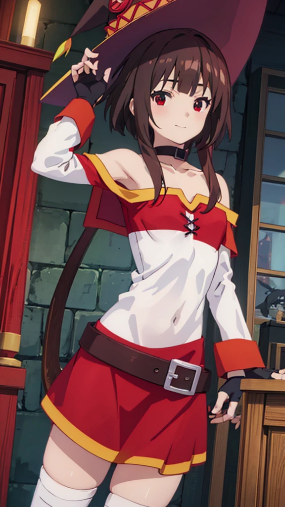 masterpiece, best quality, high resolution, best illustration, super fine illustration, (official art:1.1), (anime screencap:0.9), anime keyvisual, (perfect anatomy:1.1), 8k portrait, (detail focus fingers:1.2), (detailed face), 
1girl,
Megumin \(konosuba\),
short hair with long locks,
brown hair, 
(red eyes:1.2), 
witch hat, black choker, black gloves, fingerless gloves,  
small breasts, 
off-shoulder dress, red dress, brown cape, long sleeves, single thighhigh, asymmetrical legwear, (bandaged leg:1.2), 
smile, 
looking at viewer, 
cowboy shot, 
natural light, background of indoor, 