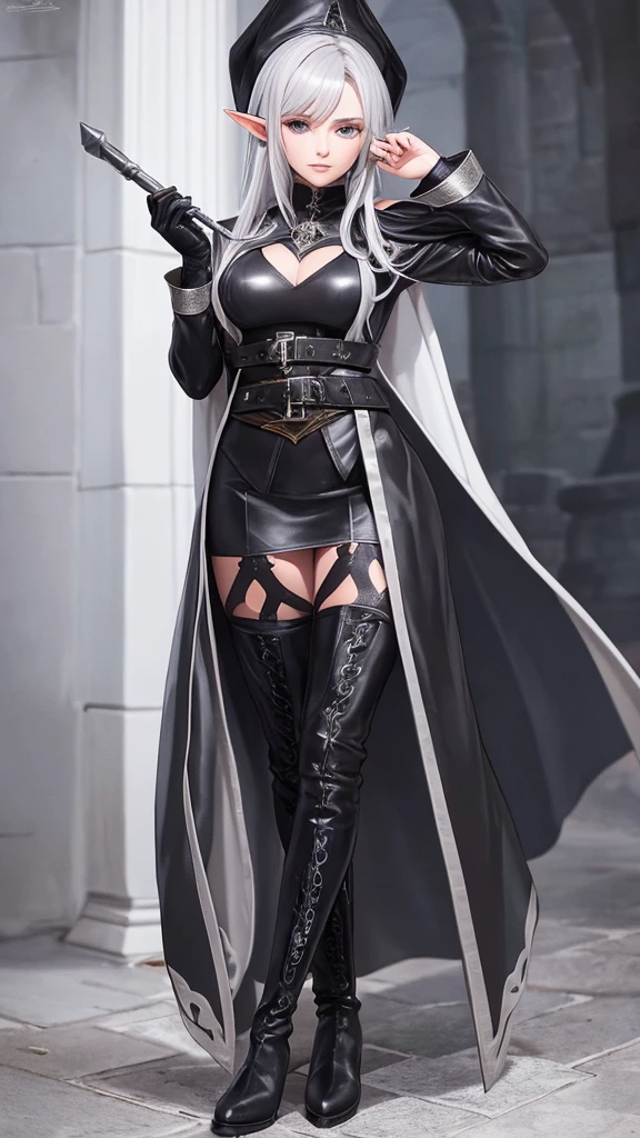 medieval setting, full view of body, 1 female elf mage,beatiful smokey eyes, silver hair, black mage robe with gambeson, wizard hat, black leather pants, leather boots