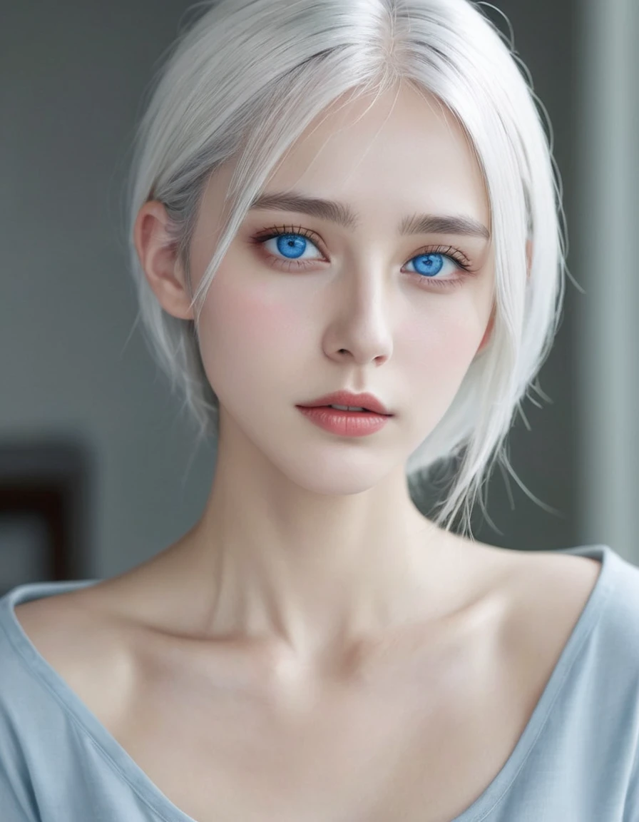 Bone white hair dull blue eyes , thin jaw and a blue gem on the forehead