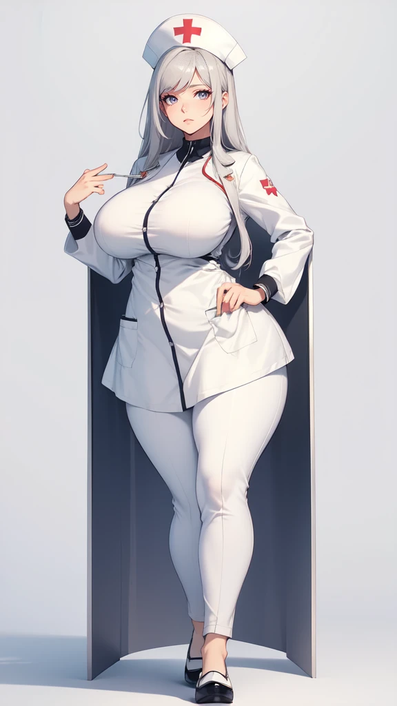 ((blank background)), masterpiece, best quality, silver hair, (big breast:1), ((full body framing)), symmetry, nurse woman, nurse uniform, nurse cap, long pants, ((curvy)), wide hips thick thighs, only white, all white, belt below navel, ((lab coat))