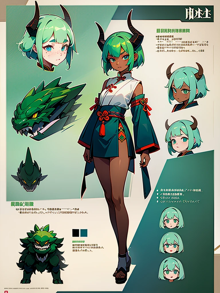 Reference sheet of a young girl in Eastern style outfit with short skirt, green hair and blue eyes, dark skin, freckles, Chinese dragon horns with big battle mecha in frutiger aero style