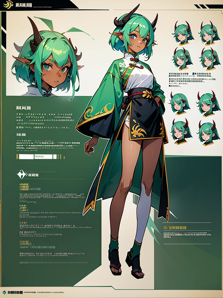 Reference sheet of a young girl in Eastern style outfit with short skirt, green hair and blue eyes, dark skin, freckles, Chinese dragon horns with big battle mecha in frutiger aero style