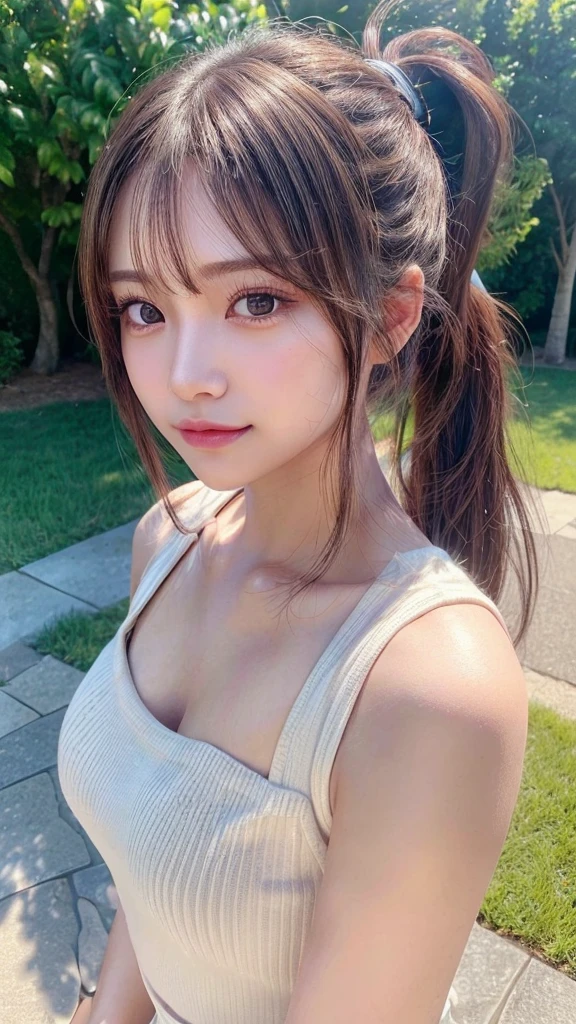 One piece with collar,outdoors,Urban Park,On the lawn,Ultra-detailed, finely detail, hight resolution, 8K Wallpaper, Perfect dynamic composition, Beautiful detailed eyes,Outdoor,Close-up of face,Outdoor,Blushing,Facing forward,,Long hair ponytail,((8k, Raw photo, Best Quality, Mastepiece:1.2), (Realism, Photorealistic:1.4), (Highly detailed 8K wallpapers), Depth of written boundary, Cinematic Lighting, Soft Light, Detailed Beauty Eye,Shiny and smooth light brown ponytail, Asymmetrical bangs, Shiny skin, Ultra-detailed skins ,It is high resolution., High detail, Detailed hairstyle, Detailed facial beauty, Hyper-realistic, Perfect limbs, Perfect Anatomy ,1 Japanese girl,Famous Japanese Idols, Perfect female body,A shy smile,Short eyelashes,Double-edged eyelids,Look straight here,Hair style: ponytail,