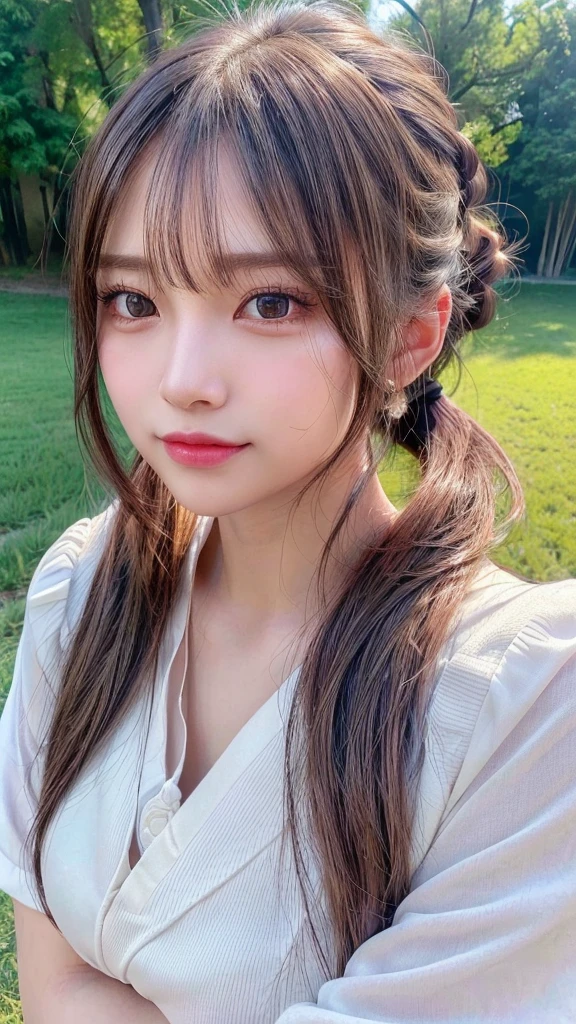 One piece with collar,outdoors,Urban Park,On the lawn,Ultra-detailed, finely detail, hight resolution, 8K Wallpaper, Perfect dynamic composition, Beautiful detailed eyes,Outdoor,Close-up of face,Outdoor,Blushing,Facing forward,,Long hair ponytail,((8k, Raw photo, Best Quality, Mastepiece:1.2), (Realism, Photorealistic:1.4), (Highly detailed 8K wallpapers), Depth of written boundary, Cinematic Lighting, Soft Light, Detailed Beauty Eye,Shiny and smooth light brown ponytail, Asymmetrical bangs, Shiny skin, Ultra-detailed skins ,It is high resolution., High detail, Detailed hairstyle, Detailed facial beauty, Hyper-realistic, Perfect limbs, Perfect Anatomy ,1 Japanese girl,Famous Japanese Idols, Perfect female body,A shy smile,Short eyelashes,Double-edged eyelids,Look straight here,Hair style: ponytail,