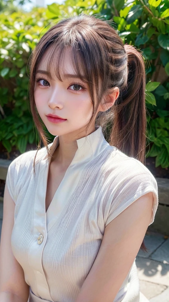 One piece with collar,outdoors,Urban Park,On the lawn,Ultra-detailed, finely detail, hight resolution, 8K Wallpaper, Perfect dynamic composition, Beautiful detailed eyes,Outdoor,Close-up of face,Outdoor,Blushing,Facing forward,,Long hair ponytail,((8k, Raw photo, Best Quality, Mastepiece:1.2), (Realism, Photorealistic:1.4), (Highly detailed 8K wallpapers), Depth of written boundary, Cinematic Lighting, Soft Light, Detailed Beauty Eye,Shiny and smooth light brown ponytail, Asymmetrical bangs, Shiny skin, Ultra-detailed skins ,It is high resolution., High detail, Detailed hairstyle, Detailed facial beauty, Hyper-realistic, Perfect limbs, Perfect Anatomy ,1 Japanese girl,Famous Japanese Idols, Perfect female body,A shy smile,Short eyelashes,Double-edged eyelids,Look straight here,Hair style: ponytail,
