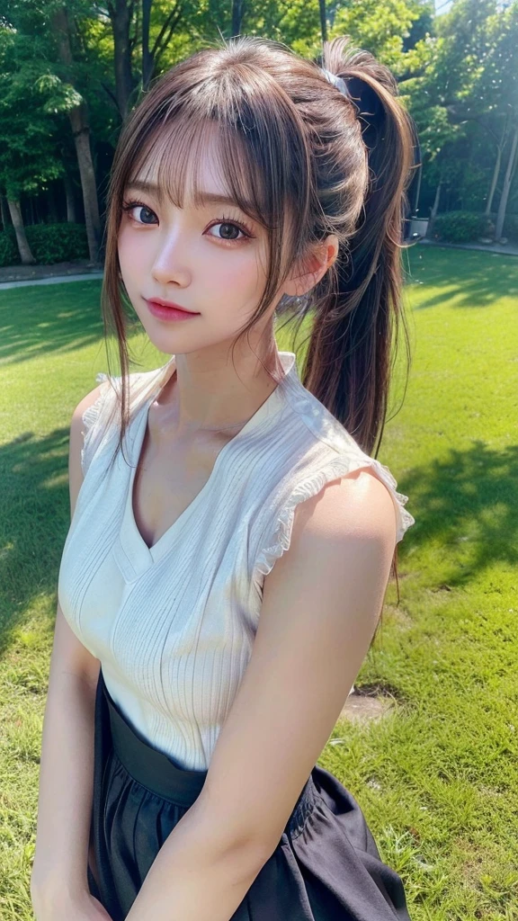 One piece with collar,outdoors,Urban Park,On the lawn,Ultra-detailed, finely detail, hight resolution, 8K Wallpaper, Perfect dynamic composition, Beautiful detailed eyes,Outdoor,Close-up of face,Outdoor,Blushing,Facing forward,,Long hair ponytail,((8k, Raw photo, Best Quality, Mastepiece:1.2), (Realism, Photorealistic:1.4), (Highly detailed 8K wallpapers), Depth of written boundary, Cinematic Lighting, Soft Light, Detailed Beauty Eye,Shiny and smooth light brown ponytail, Asymmetrical bangs, Shiny skin, Ultra-detailed skins ,It is high resolution., High detail, Detailed hairstyle, Detailed facial beauty, Hyper-realistic, Perfect limbs, Perfect Anatomy ,1 Japanese girl,Famous Japanese Idols, Perfect female body,A shy smile,Short eyelashes,Double-edged eyelids,Look straight here,Hair style: ponytail,