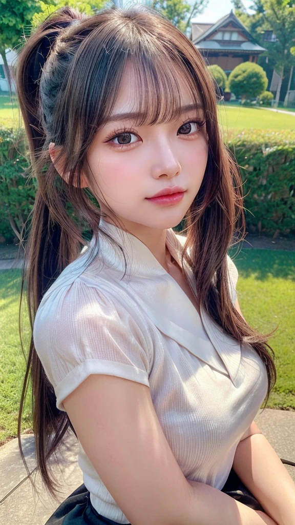 One piece with collar,outdoors,Urban Park,On the lawn,Ultra-detailed, finely detail, hight resolution, 8K Wallpaper, Perfect dynamic composition, Beautiful detailed eyes,Outdoor,Close-up of face,Outdoor,Blushing,Facing forward,,Long hair ponytail,((8k, Raw photo, Best Quality, Mastepiece:1.2), (Realism, Photorealistic:1.4), (Highly detailed 8K wallpapers), Depth of written boundary, Cinematic Lighting, Soft Light, Detailed Beauty Eye,Shiny and smooth light brown ponytail, Asymmetrical bangs, Shiny skin, Ultra-detailed skins ,It is high resolution., High detail, Detailed hairstyle, Detailed facial beauty, Hyper-realistic, Perfect limbs, Perfect Anatomy ,1 Japanese girl,Famous Japanese Idols, Perfect female body,A shy smile,Short eyelashes,Double-edged eyelids,Look straight here,Hair style: ponytail,