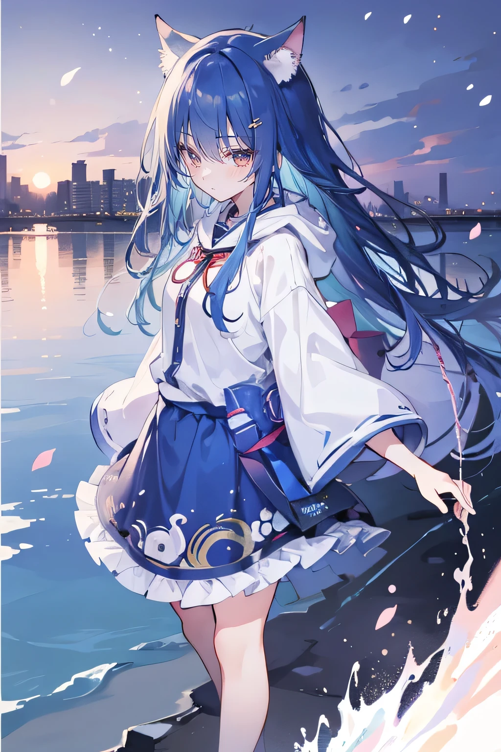 (masterpiece:1.2),Super detailed,lifelike,Expressive eyes,fair skin,perfect face shape,1 girl,
Japanese comics,Gorgeous blue hair,flowing blue hair,flowing clothes,Cat ears,Petals fall,beautiful lola,Baby Angel,sunrise,
Shaking head with one hand,Cross your legs,Gentle and peaceful background,The pavilion is cool and comfortable,smile, wearing hoodie, background of tokyo,back views,snowing, winter,seaside,wet clothes,A smile,A faint smile,。