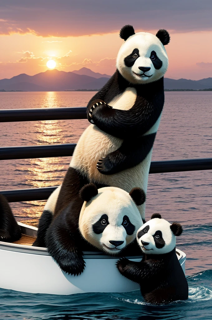 A panda doing the t-pose slightly zoomed up on the end of titanic boat with sunset background and another panda at the back holding the 1st pandas waist while affectionately looking at the 1st panda