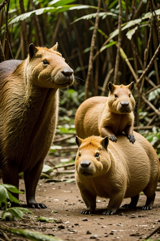 Papa capybara and his daughter in the Peruvian jungle