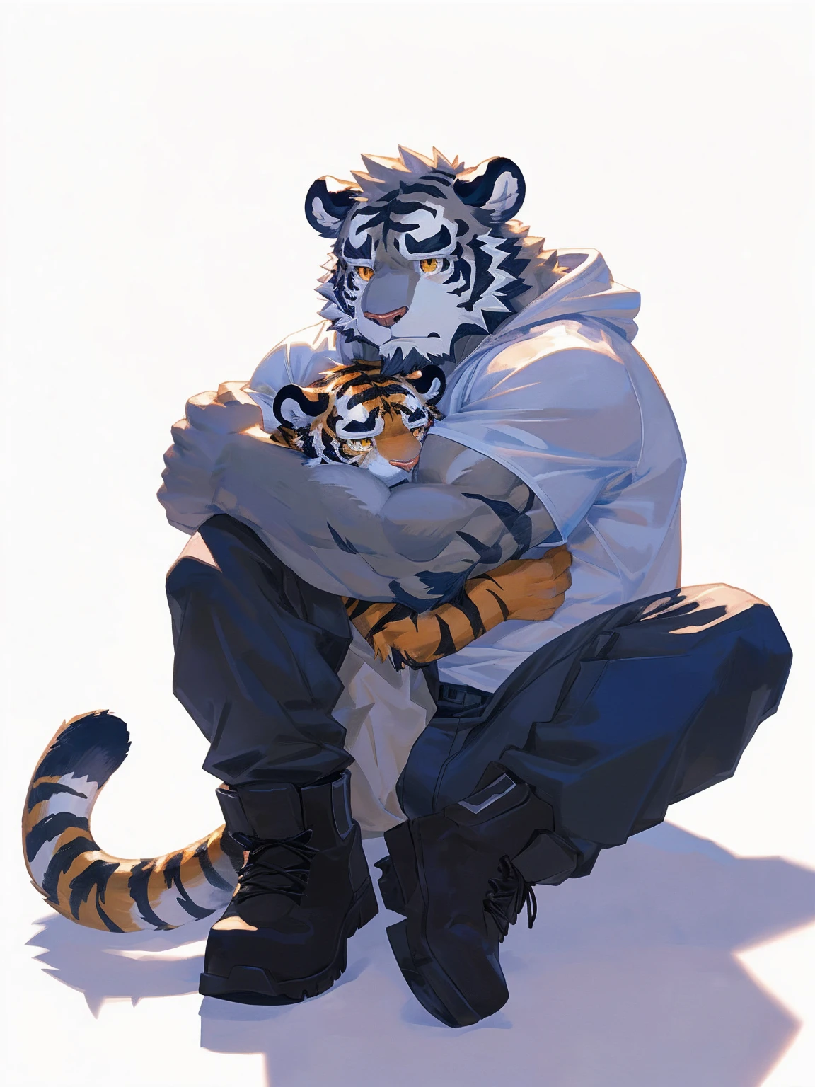 (masterpiece:1.2), best quality,pixiv,official art,perfect anatomy, (Ray tracing, light),solo, (1_male:1.3) , (muscle), (grey fur:1.4), (muscle bear), (beard:1.2), (gleaming golden eyes), bear tail, Thick eyebrows, open hoodie, (white t-shirt inside:1.2), cargo pants , boots, (pure white background: 1.3), (hug a spirit tiger :1.3) ，crying , sad
