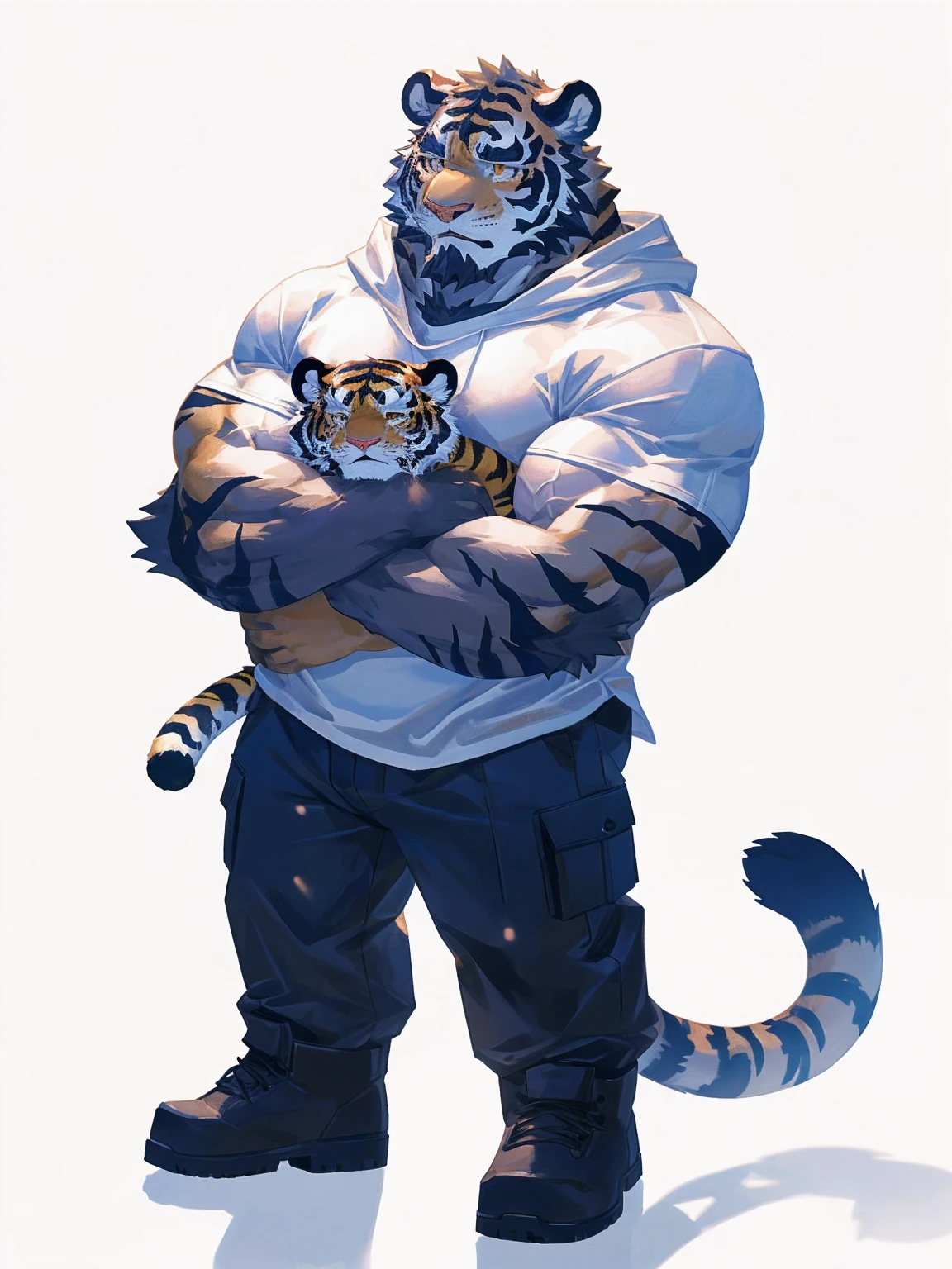 (masterpiece:1.2), best quality,pixiv,official art,perfect anatomy, (Ray tracing, light),solo, (1_male:1.3) , (muscle), (grey fur:1.4), (muscle bear), (beard:1.2), (gleaming golden eyes), bear tail, Thick eyebrows, open hoodie, (white t-shirt inside:1.2), cargo pants , boots, (pure white background: 1.3), (hug a spirit tiger :1.3) ,crying , sad
