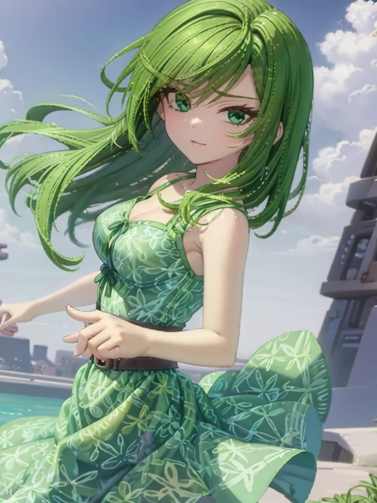 1girl, solo, beautiful girl, green skin, green eyes, big eyes, long eyelashes, green hair, short hair, shiny hair, medium breasts, green dress, strapless dress, floral print dress, green belt, purple scarf, green leggins, looking at viewer, bare arms, bare shoulders, disgust face, narrow waist, big butt, covered nipples, violet lips, lip gloss, perfect hands, perfect anatomy,