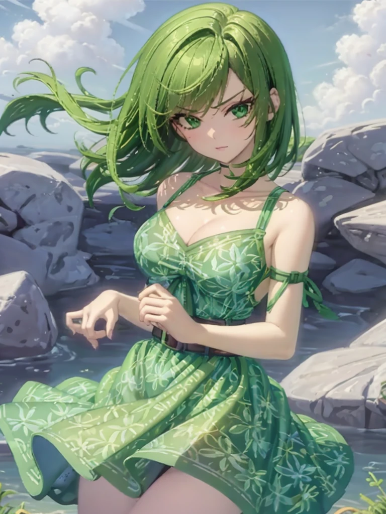 1girl, solo, beautiful girl, green skin, green eyes, big eyes, long eyelashes, green hair, short hair, shiny hair, medium breasts, green dress, strapless dress, floral print dress, green belt, purple scarf, green leggins, looking at viewer, bare arms, bare shoulders, disgust face, narrow waist, big butt, covered nipples, violet lips, lip gloss, perfect hands, perfect anatomy,