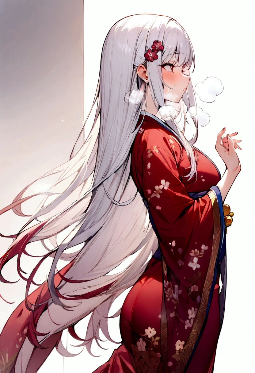 (masterpiece, best quality:1.2), 1girl, 独奏,long hair、White Hair、Plum blossom、Plum family crest、Red kimono、白髪のlong hair、、Plum hair ornament、Plum hair clip、White Hair、long hair、Plum motif accessories、Plum pattern、White background、whole body、breath,breath