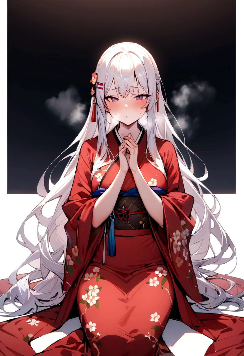 (masterpiece, best quality:1.2), 1girl, 独奏,long hair、White Hair、Plum blossom、Plum family crest、Red kimono、白髪のlong hair、、Plum hair ornament、Plum hair clip、White Hair、long hair、Plum motif accessories、Plum pattern、White background、whole body、breath,breath