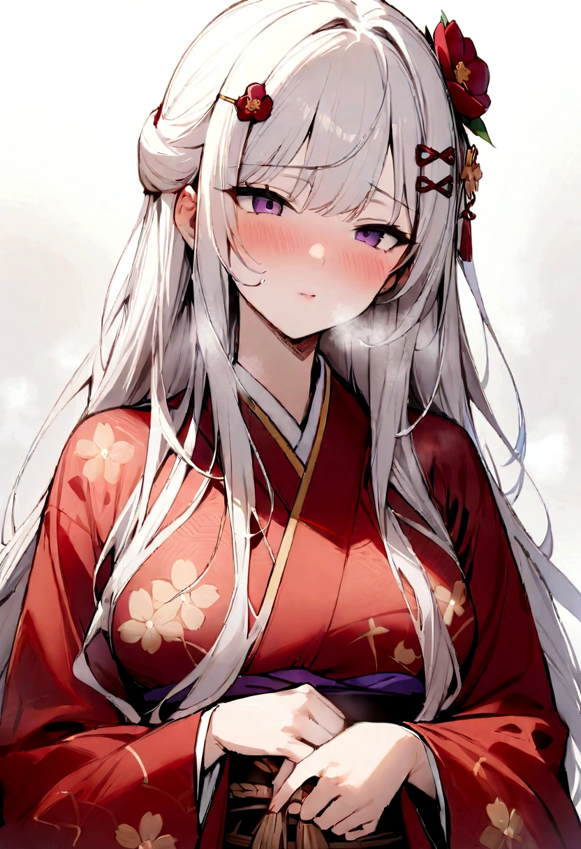 (masterpiece, best quality:1.2), 1girl, 独奏,long hair、White Hair、Plum blossom、Plum family crest、Red kimono、白髪のlong hair、、Plum hair ornament、Plum hair clip、White Hair、long hair、Plum motif accessories、Plum pattern、White background、whole body、breath,breath