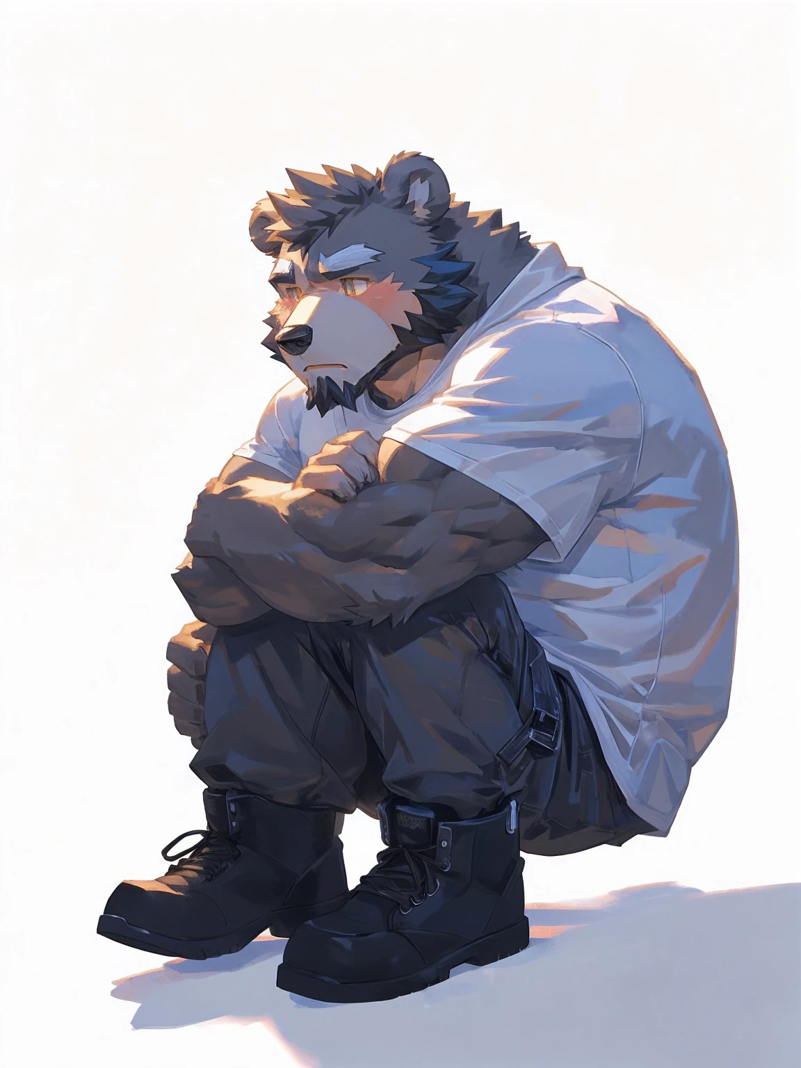 (masterpiece:1.2), best quality,pixiv,official art,perfect anatomy, (Ray tracing, light),solo, (1_male:1.3) , (muscle), (grey fur:1.4), (muscle bear), (beard:1.2), (gleaming golden eyes), bear tail, Thick eyebrows, open hoodie, (white t-shirt inside:1.2), cargo pants , boots, (pure white background: 1.3), (hug a spirit :1.3) ，crying , sad