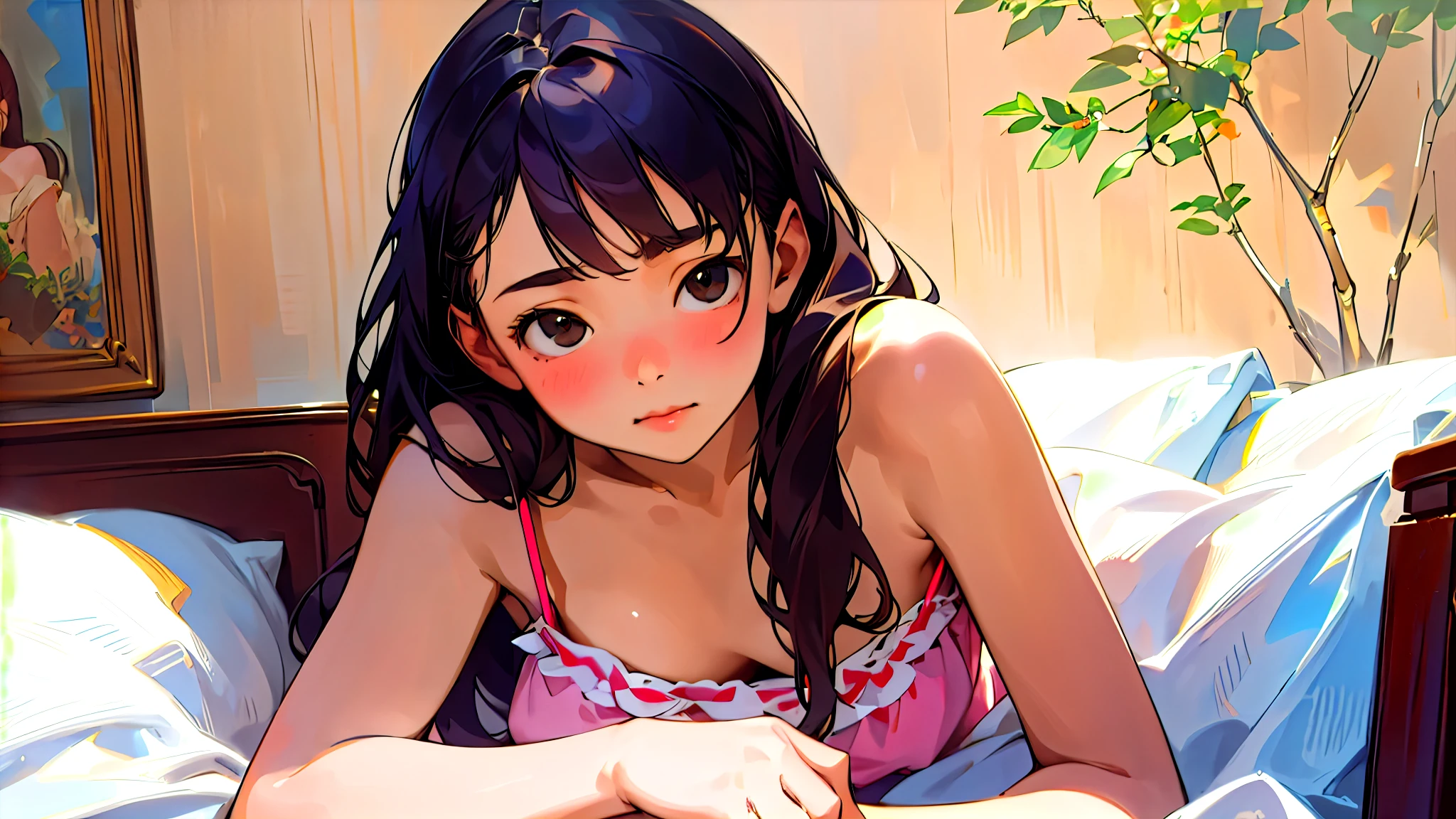 (Highest quality, masterpiece, Ultra-realistic), Beautiful and delicate15Year-old girl portrait, With a calm and gentle expression, The background is the bedroom in my own home.、I am studying hard at my desk.、camisole、Bust is C cup