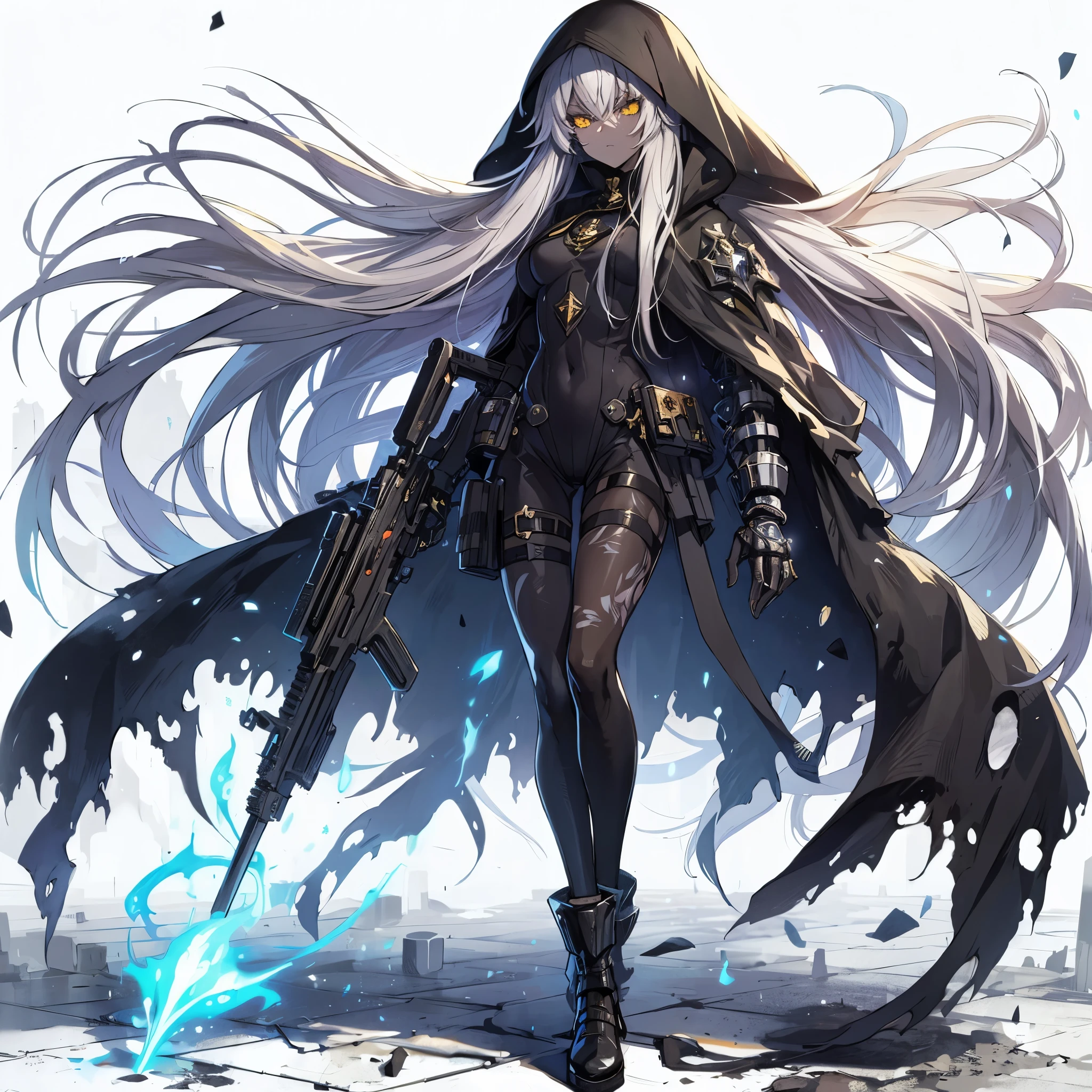 (Masterpiece, best quality), (detailed hair), ultra-detailed, anime style, solo, full body, Cyberpunk dark elf nun, long ash hair, gold eyes, black skin, wearing ragged nun outfit, long boots, bulky gauntlet, blue flame aura, ultra-massive, tall stylish, Muscular body shape, White background, standing full length, whole body, standing on wasted earth,
