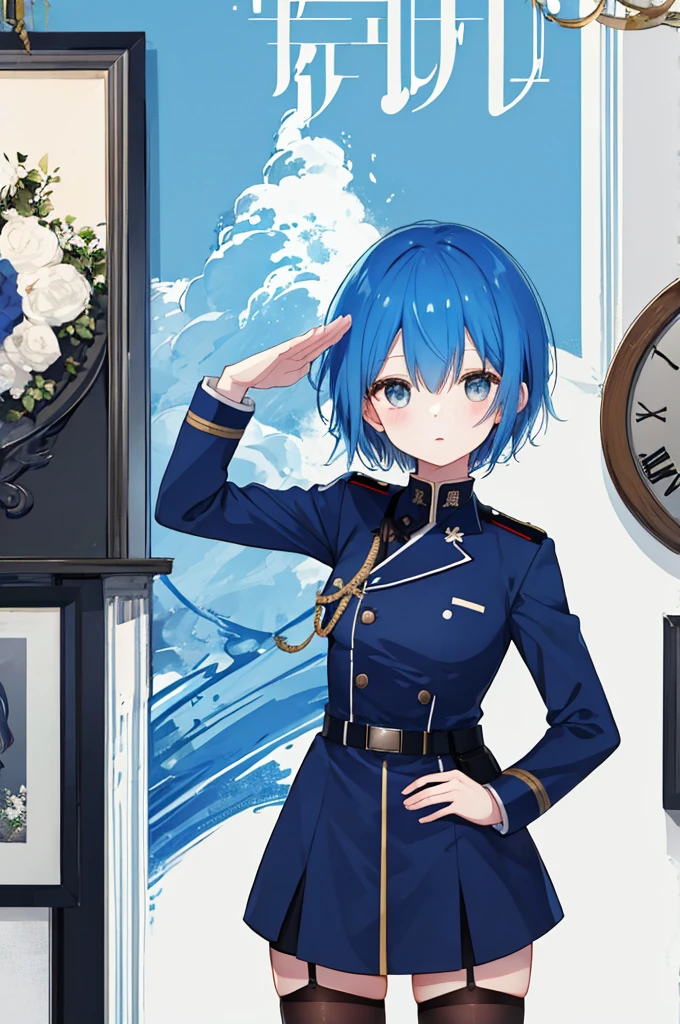 Saluting Girl、Blue hair short、Black German Officer Uniform、stockings、