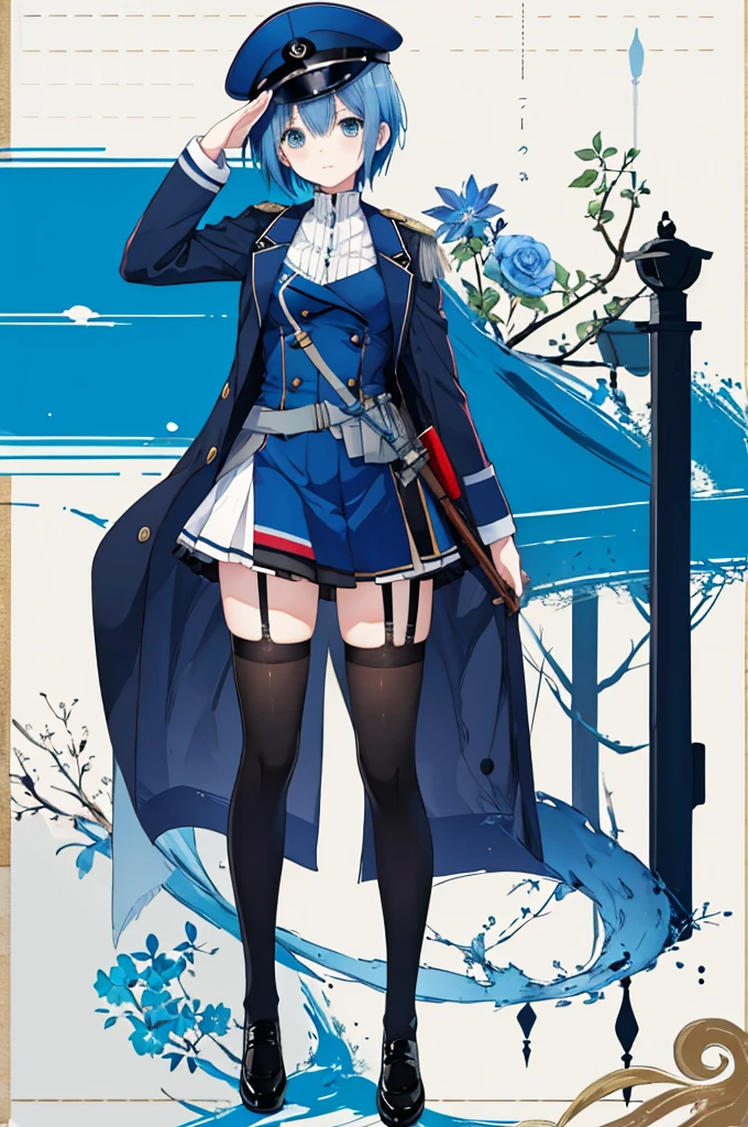Saluting Girl、Blue hair short、Black German Officer Uniform、stockings、