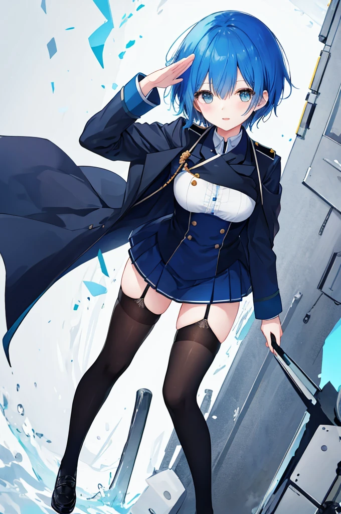 Saluting Girl、Blue hair short、Black German Officer Uniform、stockings、