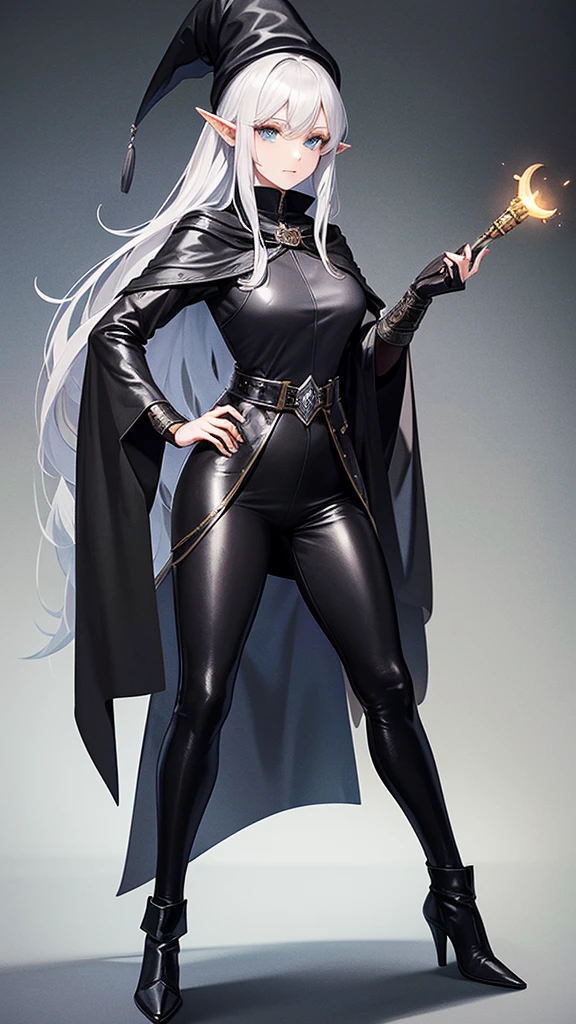 medieval setting, full view of body, 1 female elf mage,beatiful smokey eyes, silver hair, black mage robe with gambeson, wizard hat, black leather pants, leather boots