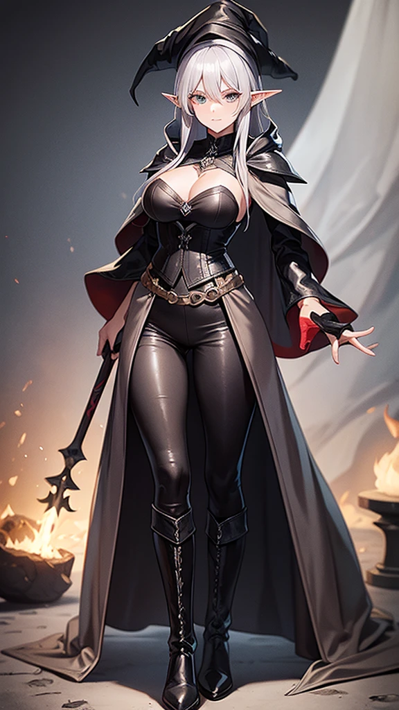 medieval setting, full view of body, 1 female elf mage,beatiful smokey eyes, silver hair, black mage robe with gambeson, wizard hat, black leather pants, leather boots