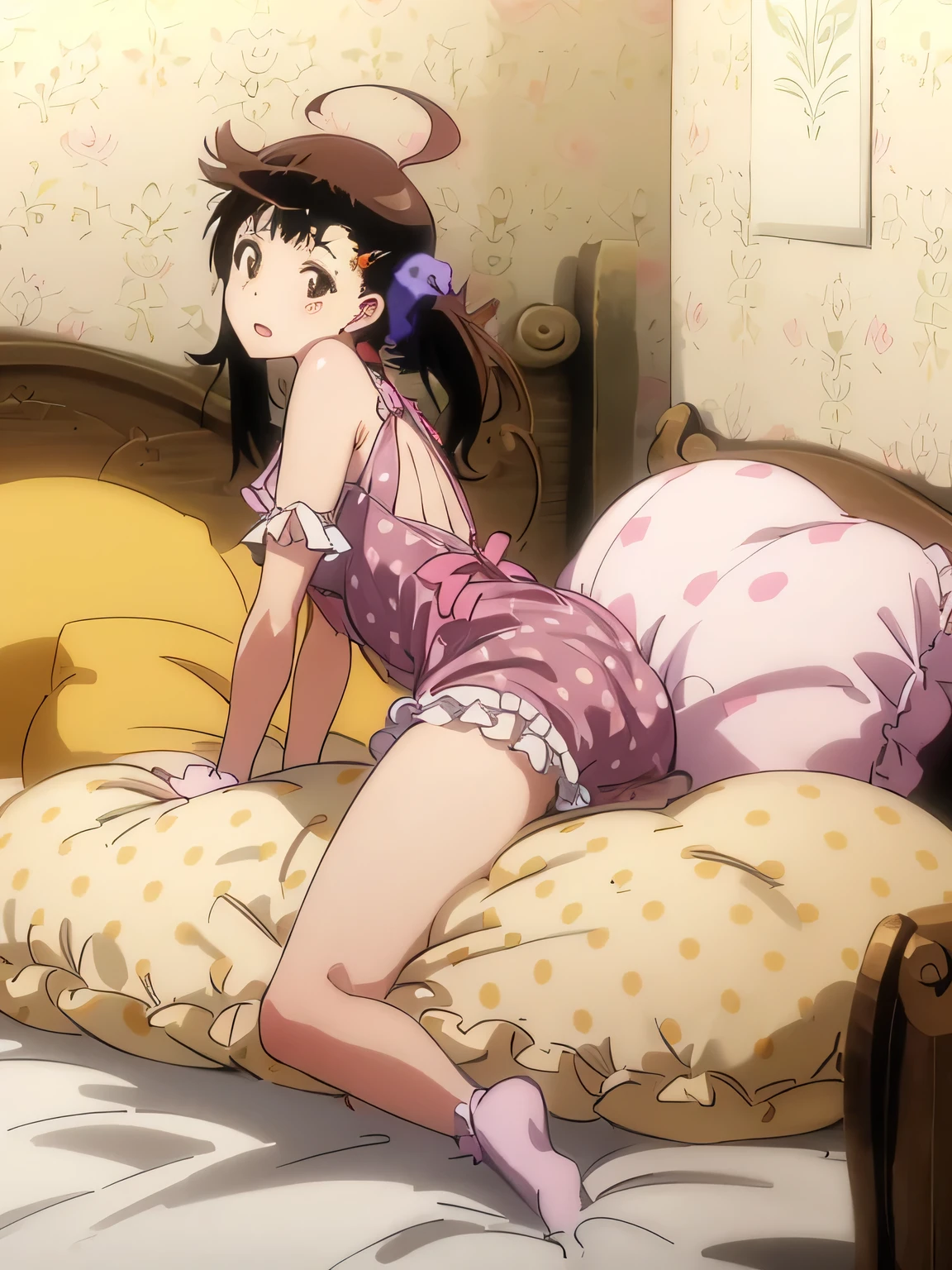 (best quality, masterpiece),mine , details), (Light and shadow oxtail , bed background, Cute girl posing on pillow ,Pillow,(piles of Pillow),Upholstered,((four poster bed)),Soft pillow quotation,Lots of Pillow,(Pillow),The love surrounding the protagonist,steam,Luxury Pillow),(luxury bed),(Gorgeous pattern pillow),luxurious pillow,(bedroom ),pillow humping,hump,open mouth,red eyes , kneeling,(Love around the protagonist),(Steaming hot),(pillow),Four poster bed,Canopy bed,Lots of pillow heads,princess bed , long hair , frilled pillow , ((pink polka dot pillow)) , big pillow ((onodera haru))