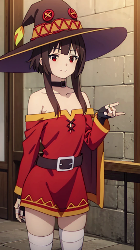 masterpiece, best quality, high resolution, best illustration, super fine illustration, (official art:1.1), (anime screencap:0.9), anime keyvisual, (perfect anatomy:1.1), 8k portrait, (detail focus fingers:1.2), (detailed face), 
1girl,
Megumin \(konosuba\),
short hair with long locks,
brown hair, 
(red eyes:1.2), 
witch hat, black choker, black gloves, fingerless gloves,  
small breasts, 
off-shoulder dress, red dress, brown cape, long sleeves, single thighhigh, asymmetrical legwear, (bandaged leg:1.2), 
smile, 
looking at viewer, 
cowboy shot, 
natural light, background of indoor, 