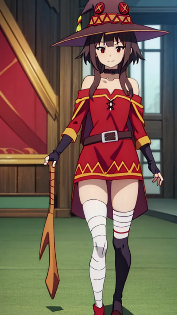 masterpiece, best quality, high resolution, best illustration, super fine illustration, (official art:1.1), (anime screencap:0.9), anime keyvisual, (perfect anatomy:1.1), 8k portrait, (detail focus fingers:1.2), (detailed face),
1girl,
Megumin \(konosuba\),
short hair with long locks,
brown hair,
(red eyes:1.2),
witch hat, black choker, black gloves, fingerless gloves,
small breasts,
off-shoulder dress, red dress, brown cape, long sleeves, single thighhigh, asymmetrical legwear, (bandaged leg:1.2),
smile,
looking at viewer,
cowboy shot,
natural light, background of indoor,