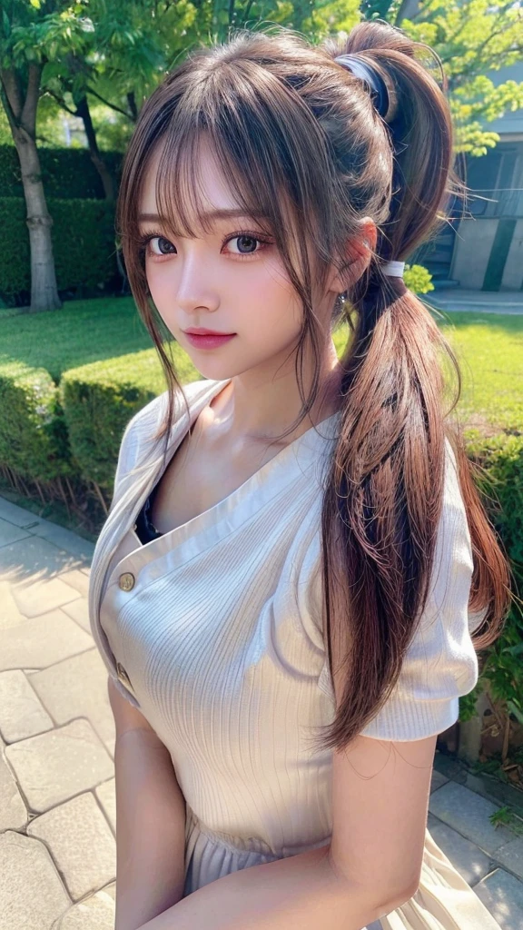 One piece with collar,outdoors,Urban Park,On the lawn,Ultra-detailed, finely detail, hight resolution, 8K Wallpaper, Perfect dynamic composition, Beautiful detailed eyes,Outdoor,Close-up of face,Outdoor,Blushing,Facing forward,,Long hair ponytail,((8k, Raw photo, Best Quality, Mastepiece:1.2), (Realism, Photorealistic:1.4), (Highly detailed 8K wallpapers), Depth of written boundary, Cinematic Lighting, Soft Light, Detailed Beauty Eye,Shiny and smooth light brown ponytail, Asymmetrical bangs, Shiny skin, Ultra-detailed skins ,It is high resolution., High detail, Detailed hairstyle, Detailed facial beauty, Hyper-realistic, Perfect limbs, Perfect Anatomy ,1 Japanese girl,Famous Japanese Idols, Perfect female body,A shy smile,Short eyelashes,Double-edged eyelids,Look straight here,Hair style: ponytail,