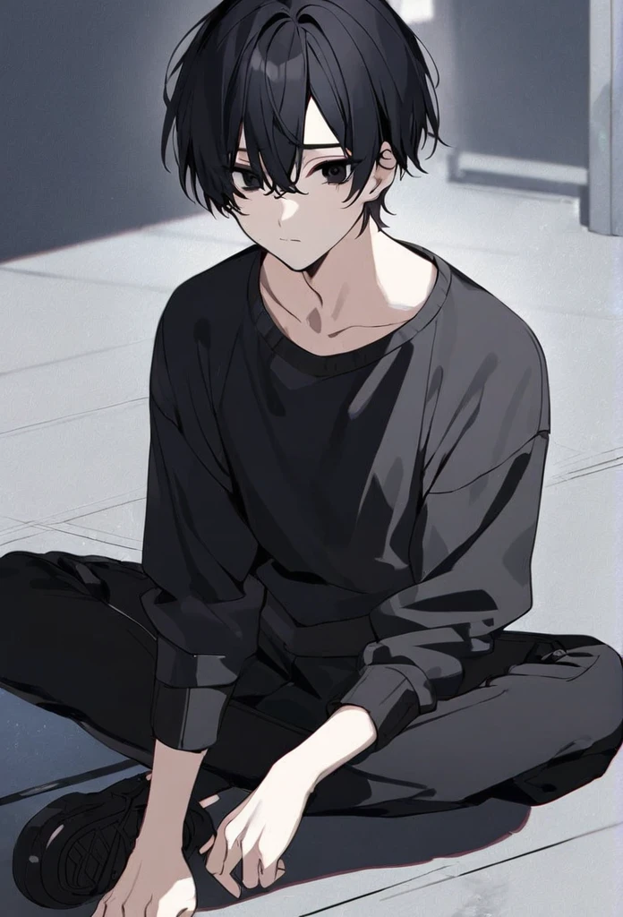 guy, black hair, very short hair, black eyes, black sweatshirt, black pants, sitting on the floor