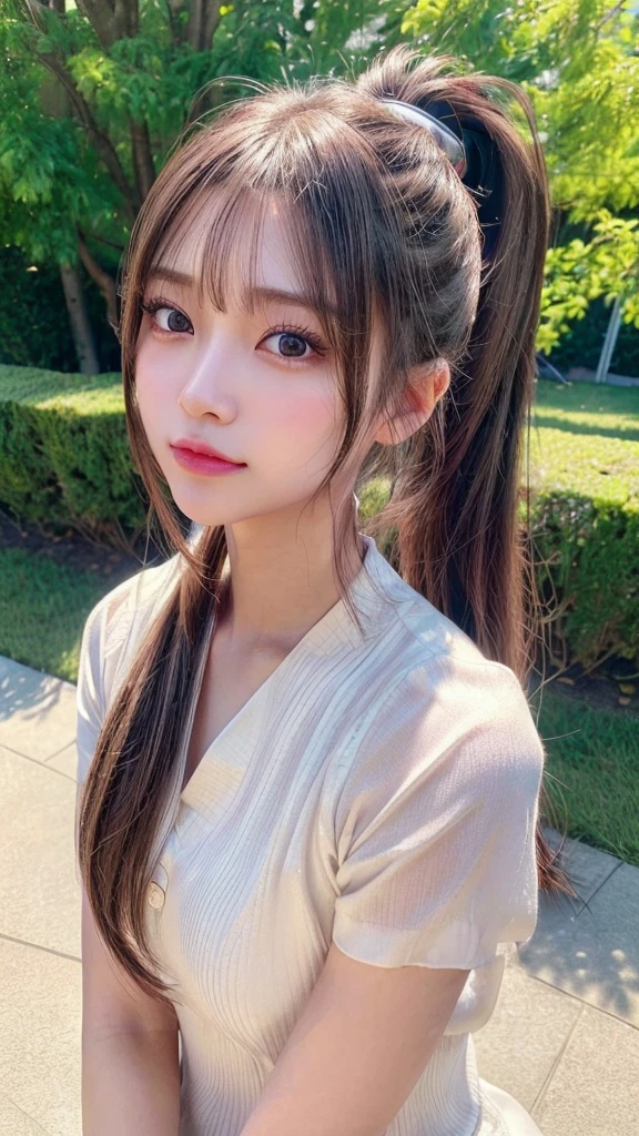 One piece with collar,outdoors,Urban Park,On the lawn,Ultra-detailed, finely detail, hight resolution, 8K Wallpaper, Perfect dynamic composition, Beautiful detailed eyes,Outdoor,Close-up of face,Outdoor,Blushing,Facing forward,,Long hair ponytail,((8k, Raw photo, Best Quality, Mastepiece:1.2), (Realism, Photorealistic:1.4), (Highly detailed 8K wallpapers), Depth of written boundary, Cinematic Lighting, Soft Light, Detailed Beauty Eye,Shiny and smooth light brown ponytail, Asymmetrical bangs, Shiny skin, Ultra-detailed skins ,It is high resolution., High detail, Detailed hairstyle, Detailed facial beauty, Hyper-realistic, Perfect limbs, Perfect Anatomy ,1 Japanese girl,Famous Japanese Idols, Perfect female body,A shy smile,Short eyelashes,Double-edged eyelids,Look straight here,Hair style: ponytail,