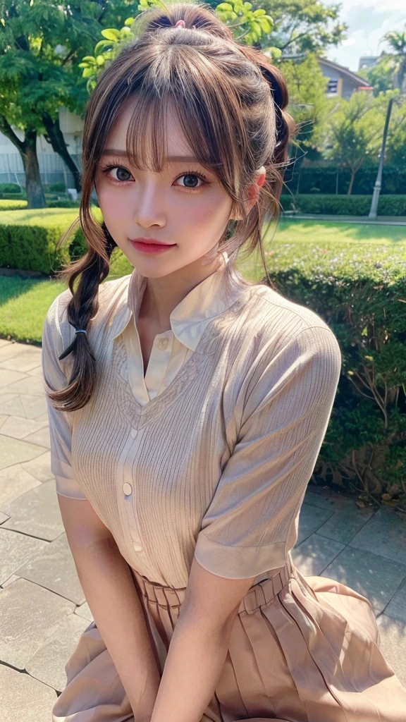 One piece with collar,outdoors,Urban Park,On the lawn,Ultra-detailed, finely detail, hight resolution, 8K Wallpaper, Perfect dynamic composition, Beautiful detailed eyes,Outdoor,Close-up of face,Outdoor,Blushing,Facing forward,,Long hair ponytail,((8k, Raw photo, Best Quality, Mastepiece:1.2), (Realism, Photorealistic:1.4), (Highly detailed 8K wallpapers), Depth of written boundary, Cinematic Lighting, Soft Light, Detailed Beauty Eye,Shiny and smooth light brown ponytail, Asymmetrical bangs, Shiny skin, Ultra-detailed skins ,It is high resolution., High detail, Detailed hairstyle, Detailed facial beauty, Hyper-realistic, Perfect limbs, Perfect Anatomy ,1 Japanese girl,Famous Japanese Idols, Perfect female body,A shy smile,Short eyelashes,Double-edged eyelids,Look straight here,Hair style: ponytail,