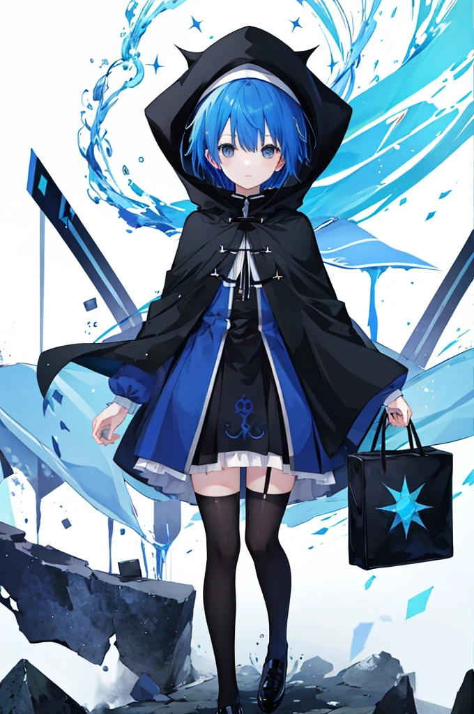 Girl、Blue hair short、Black cloak、stockings