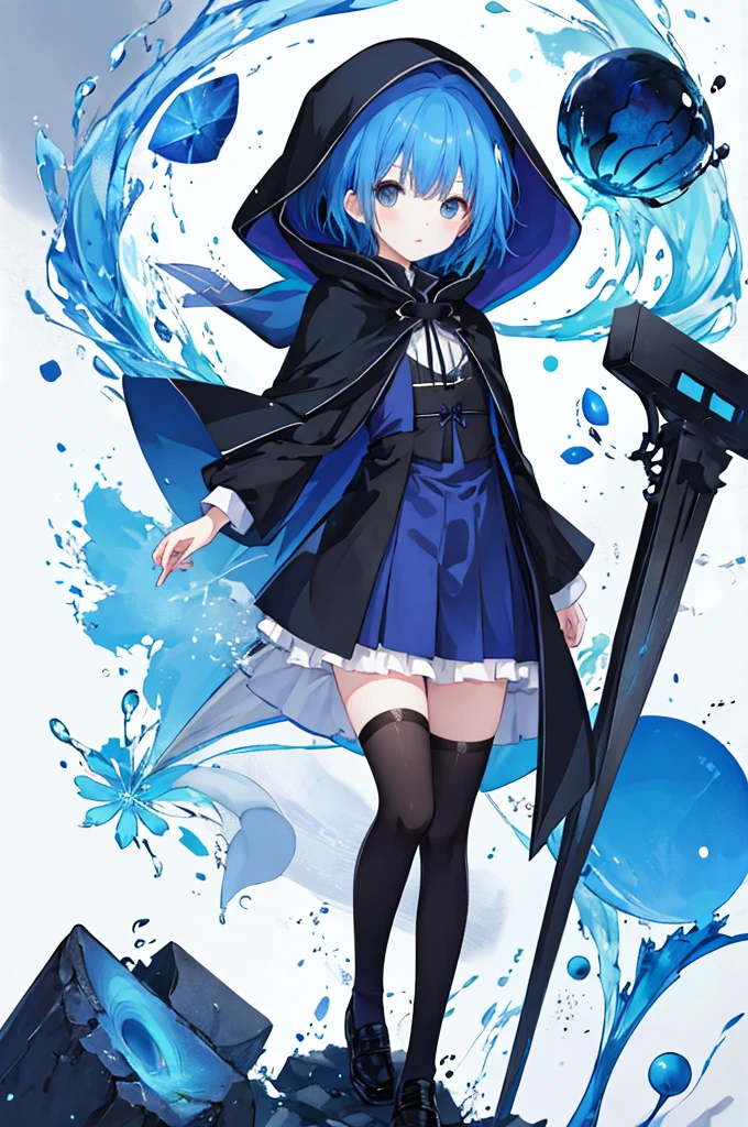 Girl、Blue hair short、Black cloak、stockings