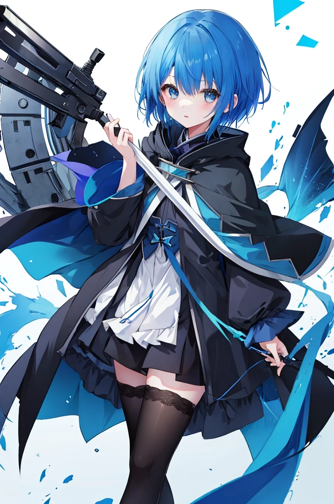 Girl、Blue hair short、Black cloak、stockings