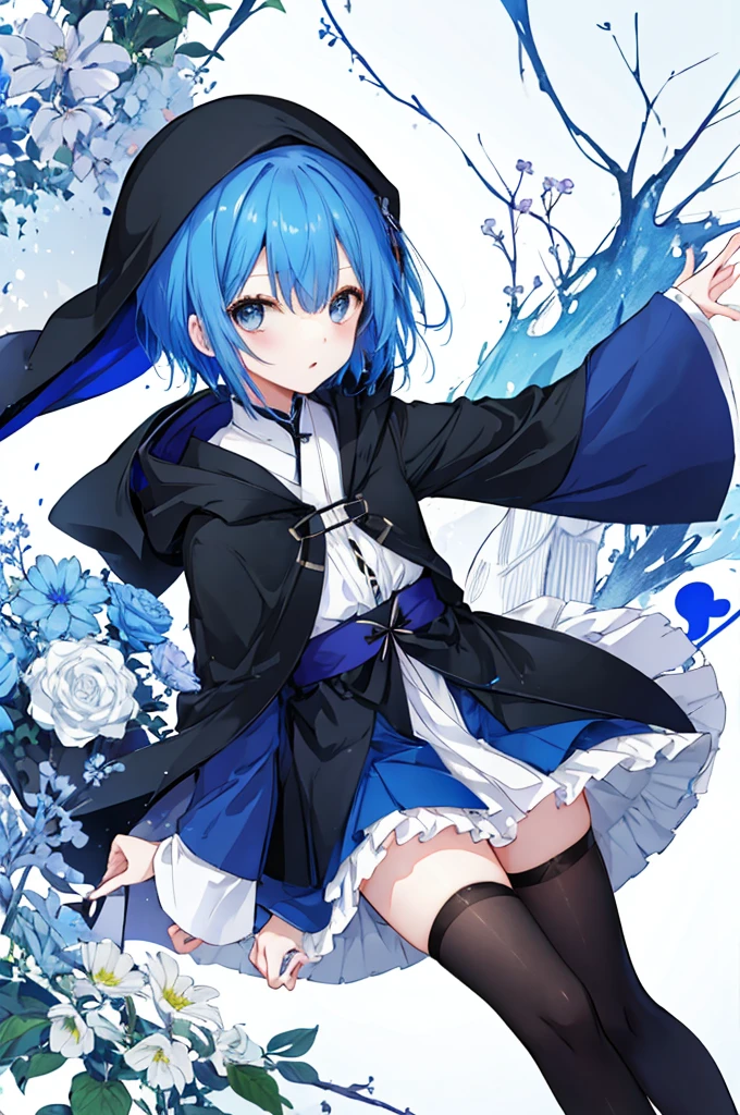 Girl、Blue hair short、Black cloak、stockings