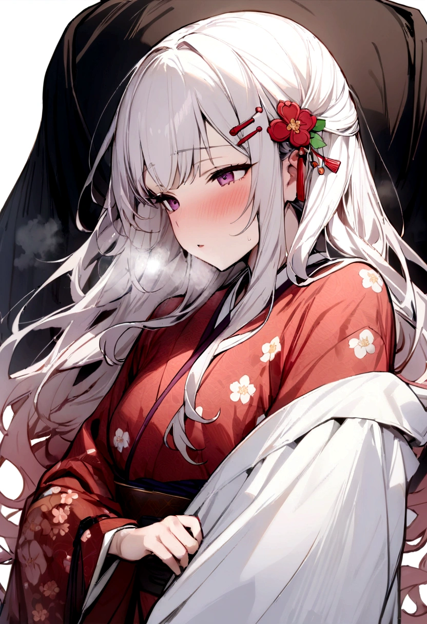 (masterpiece, best quality:1.2), 1girl, 独奏,long hair、White Hair、Plum blossom、Plum family crest、Red kimono、白髪のlong hair、、Plum hair ornament、Plum hair clip、White Hair、long hair、Plum motif accessories、Plum pattern、White background、whole body、breath,breath